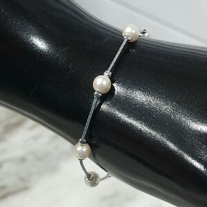 Genuine White Pearl Station Sterling Silver Plated Snake Chain Bracelet 7.5-inch